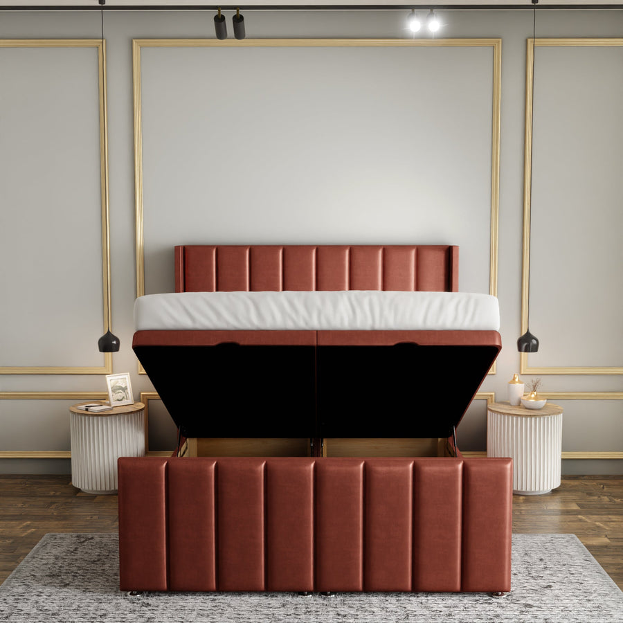 Amelia Lines Wingback Ottoman Storage Divan Bed Set With Footboard - Claret Coniston