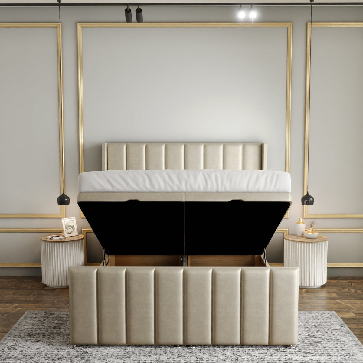 Amelia Lines Wingback Ottoman Storage Divan Bed Set With Footboard - Cream Coniston