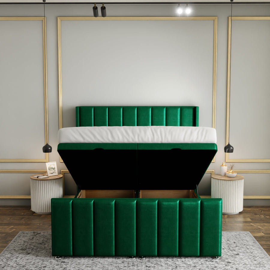 Amelia Lines Wingback Ottoman Storage Divan Bed Set With Footboard - Emerald Coniston