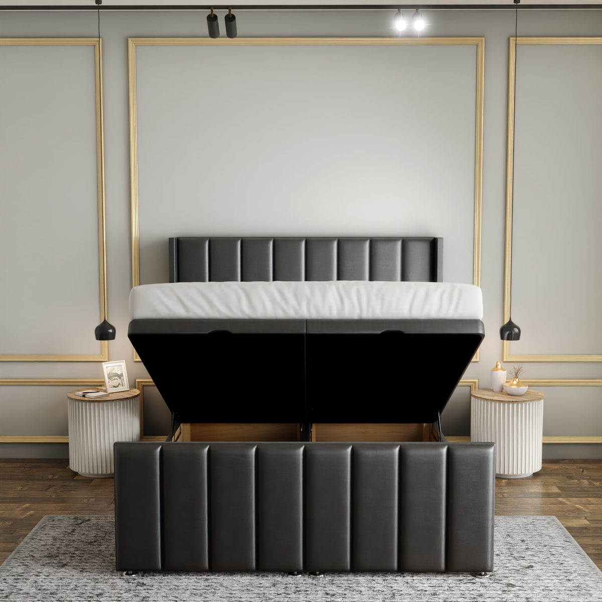 Amelia Lines Wingback Ottoman Storage Divan Bed Set With Footboard - Grey Coniston