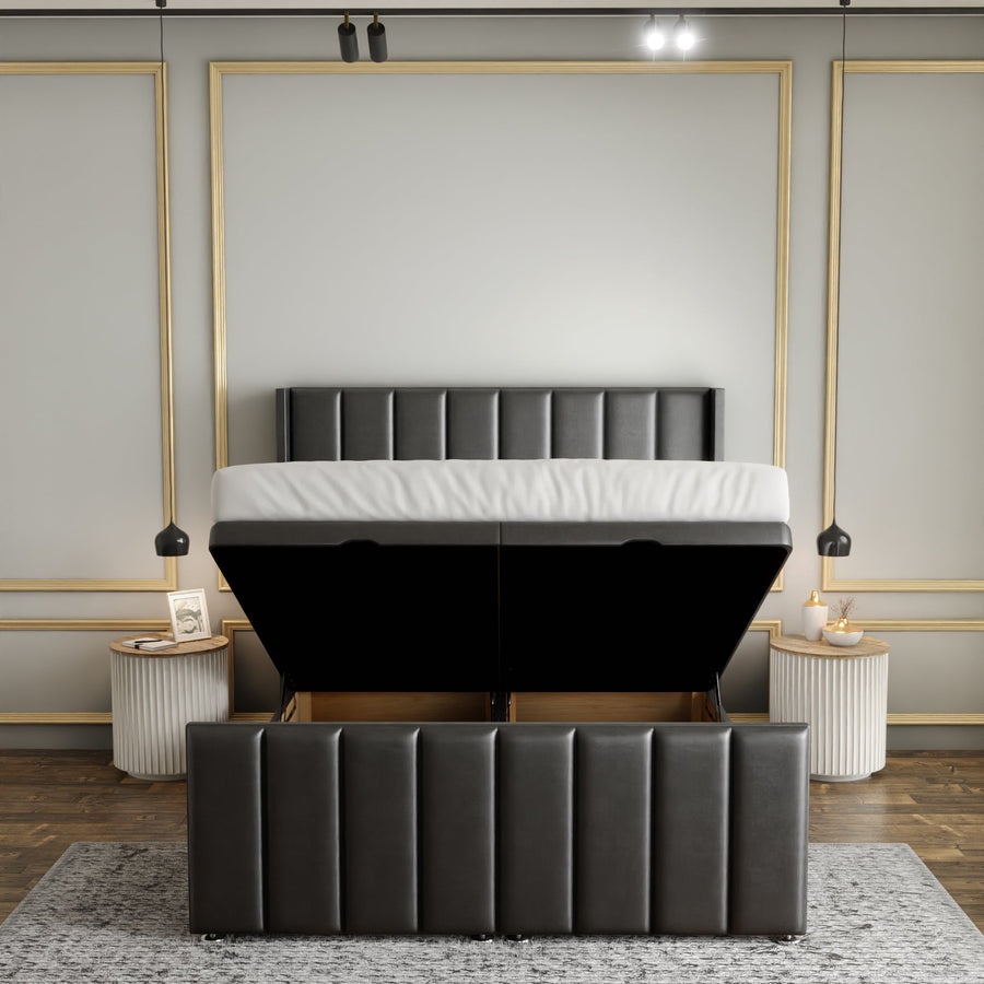Amelia Lines Wingback Ottoman Storage Divan Bed Set With Footboard - Grey Coniston