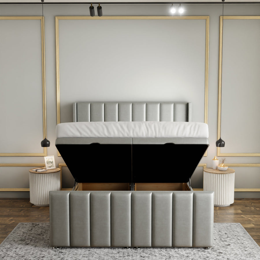 Amelia Lines Wingback Ottoman Storage Divan Bed Set With Footboard - Silver Coniston