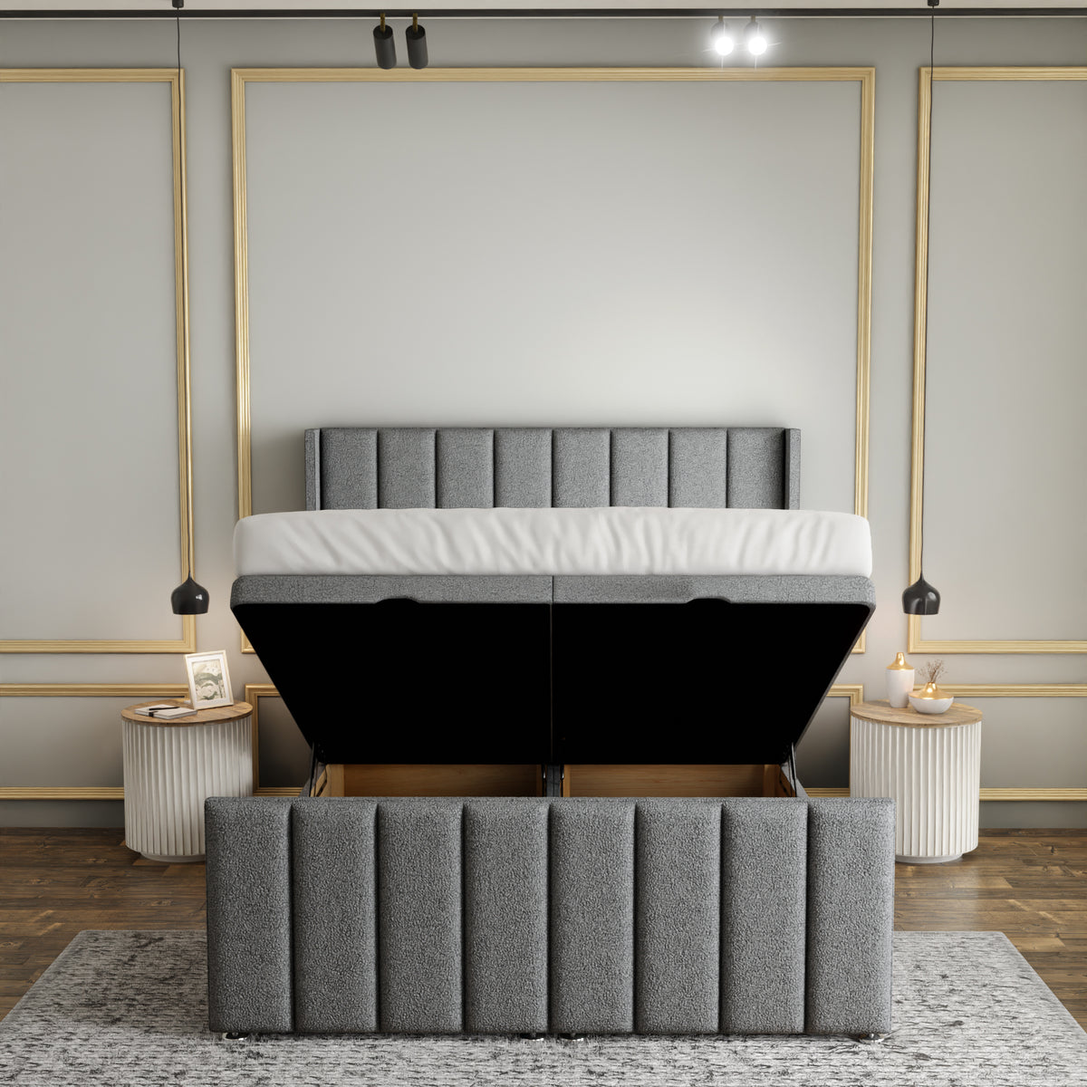 Amelia Lines Wingback Ottoman Storage Divan Bed Set With Footboard - Grey Teddy