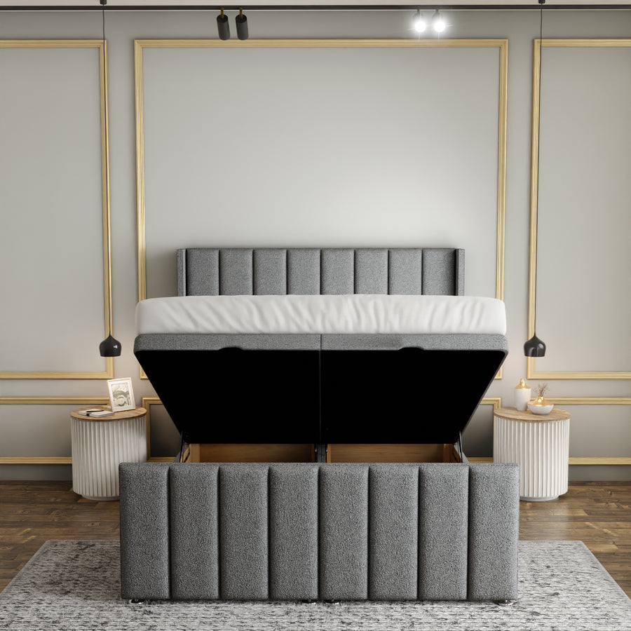Amelia Lines Wingback Ottoman Storage Divan Bed Set With Footboard - Grey Teddy