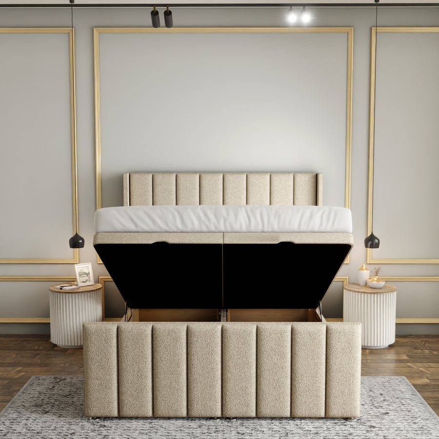 Amelia Lines Wingback Ottoman Storage Divan Bed Set With Footboard - Cream Teddy