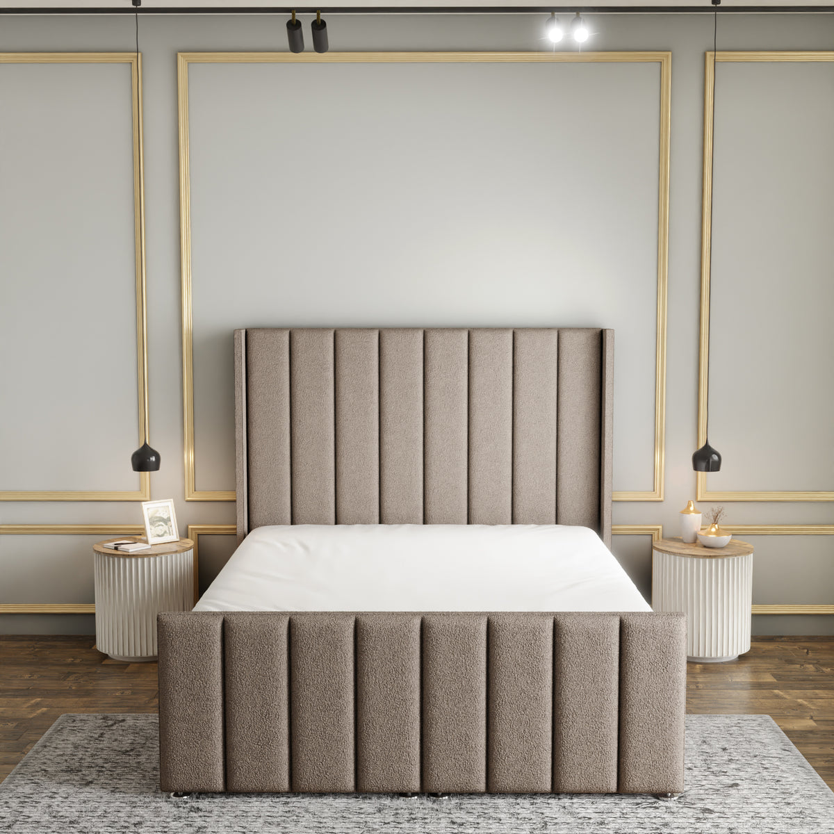 Amelia Lines Wingback Ottoman Storage Divan Bed Set With Footboard - Mink Teddy