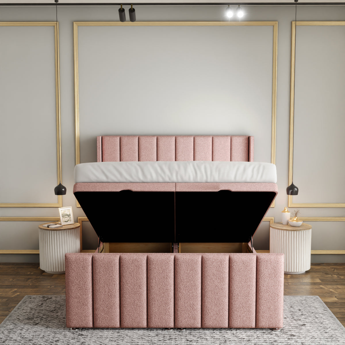 Amelia Lines Wingback Ottoman Storage Divan Bed Set With Footboard - Baby Pink Teddy