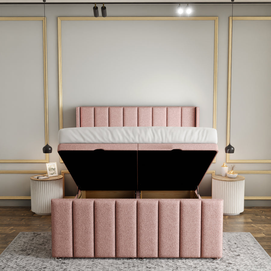 Amelia Lines Wingback Ottoman Storage Divan Bed Set With Footboard - Baby Pink Teddy