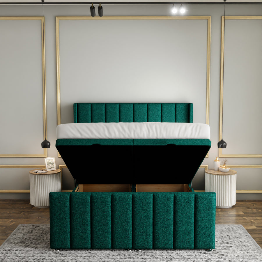 Amelia Lines Wingback Ottoman Storage Divan Bed Set With Footboard - Emerald Teddy
