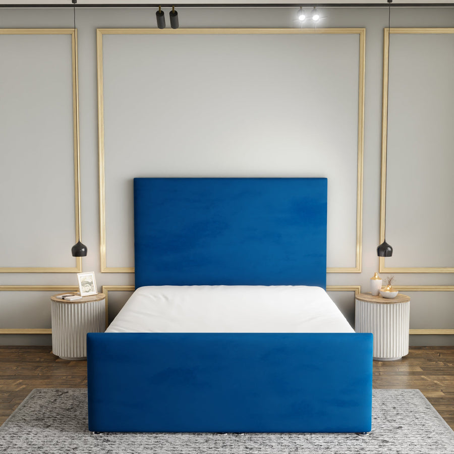 Maya Plain Ottoman Storage Divan Bed Set With Footboard - Blue Plush