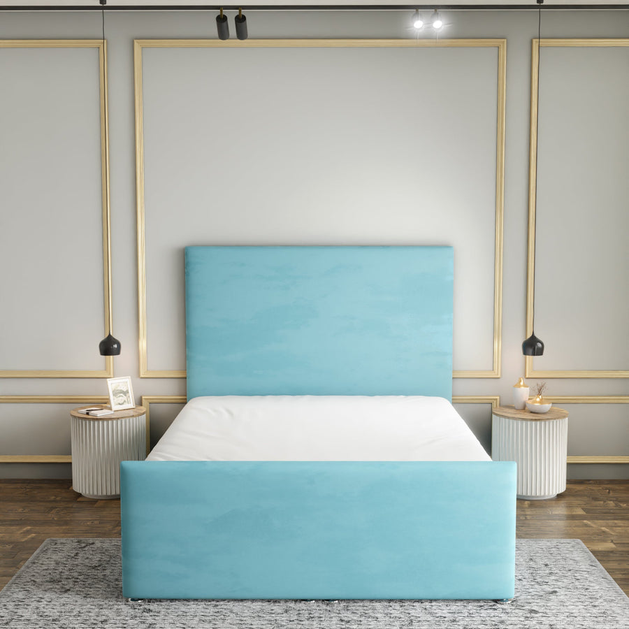 Maya Plain Ottoman Storage Divan Bed Set With Footboard - Ice Blue Plush