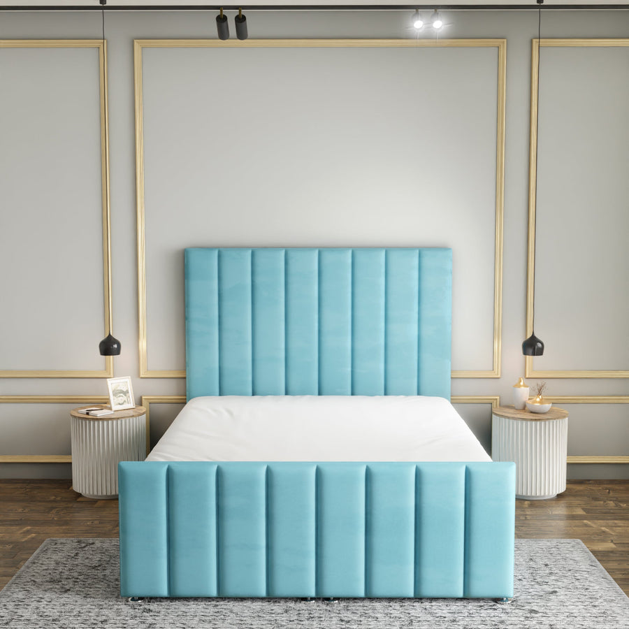 Amelia Lines Ottoman Storage Divan Bed Set With Footboard - Ice Blue Plush