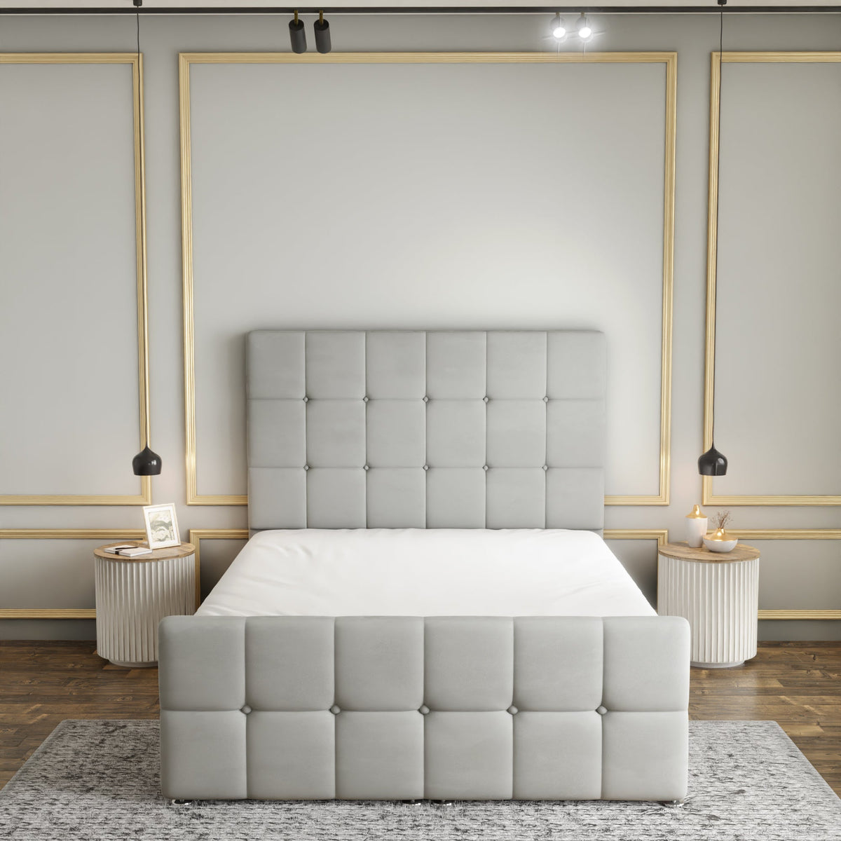 Ayra Cube Ottoman Storage Divan Bed Set With Footboard - Silver Plush
