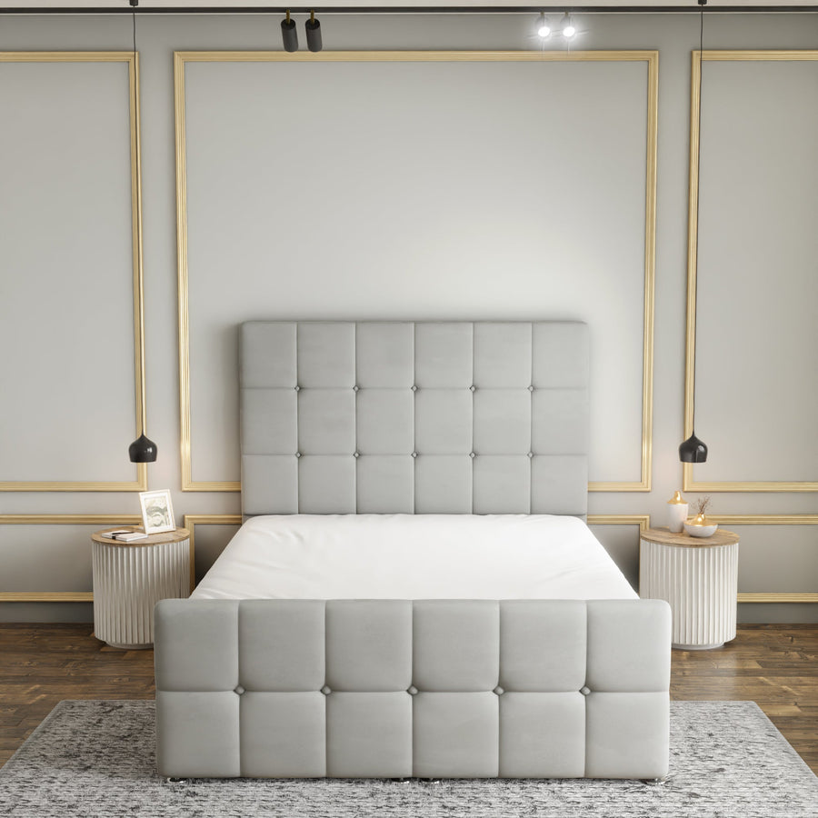 Ayra Cube Ottoman Storage Divan Bed Set With Footboard - Silver Plush