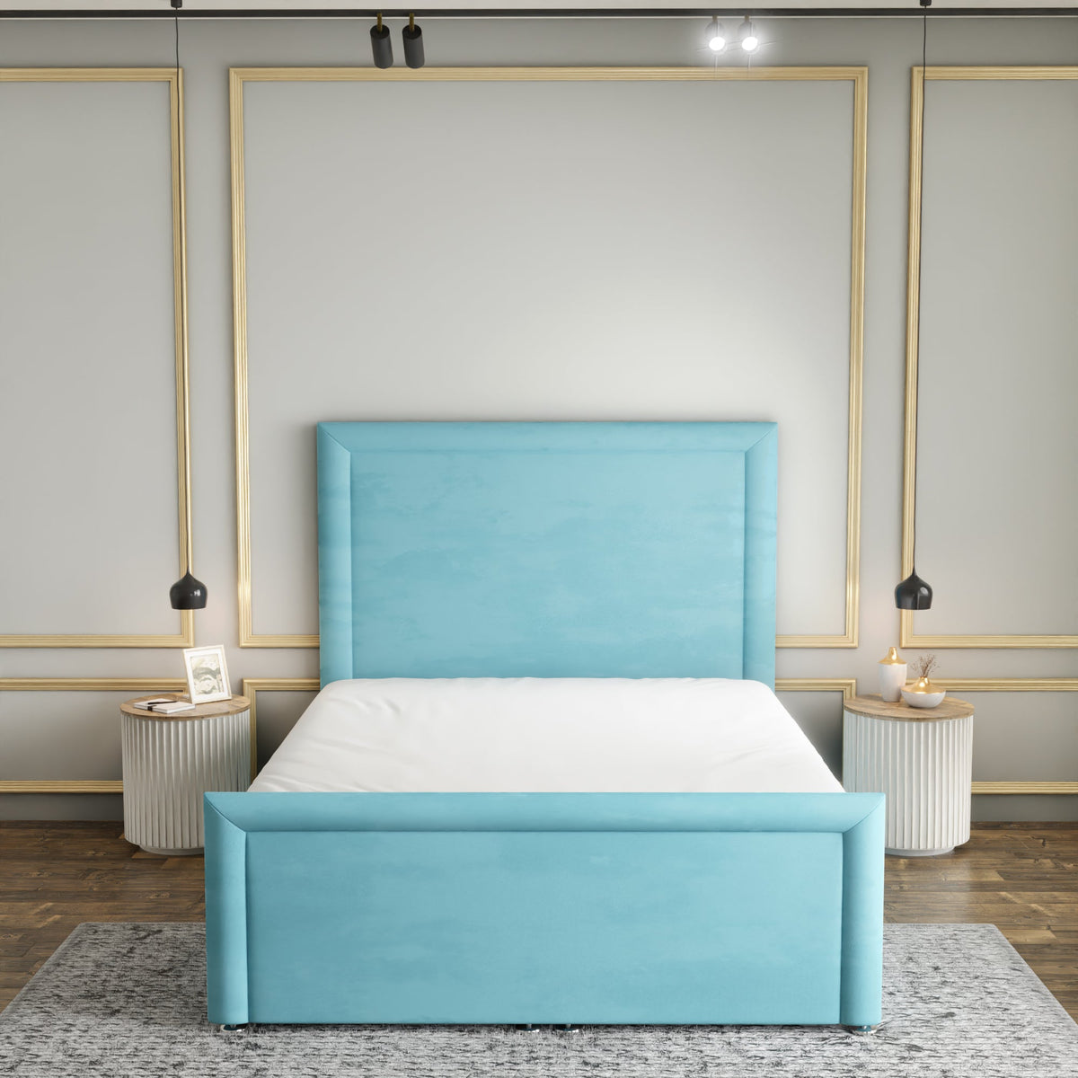 Ivy Bumper Border Ottoman Storage Divan Bed Set With Footboard - Ice Blue Plush