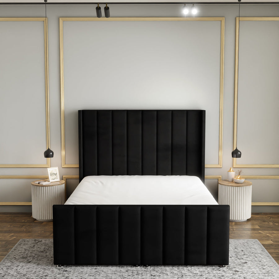 Amelia Lines Wingback Ottoman Storage Divan Bed Set With Footboard - Black Plush