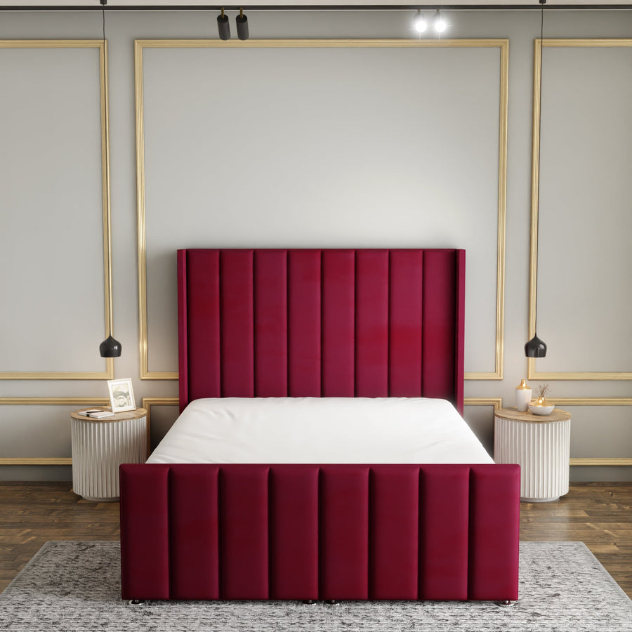 Amelia Lines Wingback Ottoman Storage Divan Bed Set With Footboard - Burgundy Plush
