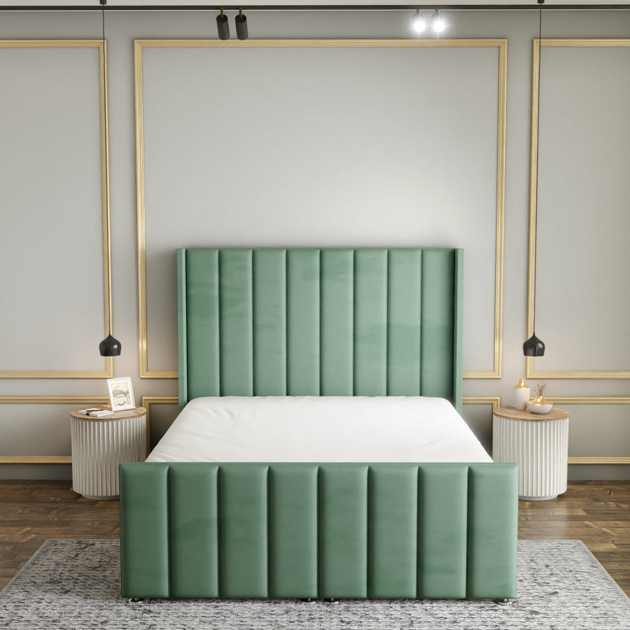 Amelia Lines Wingback Ottoman Storage Divan Bed Set With Footboard - Duck Egg Plush