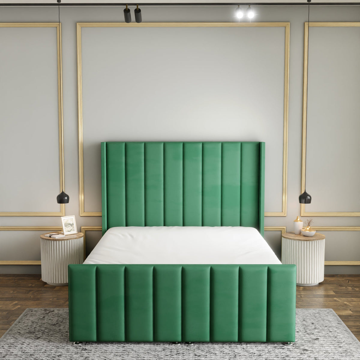 Amelia Lines Wingback Ottoman Storage Divan Bed Set With Footboard - Emerald Plush