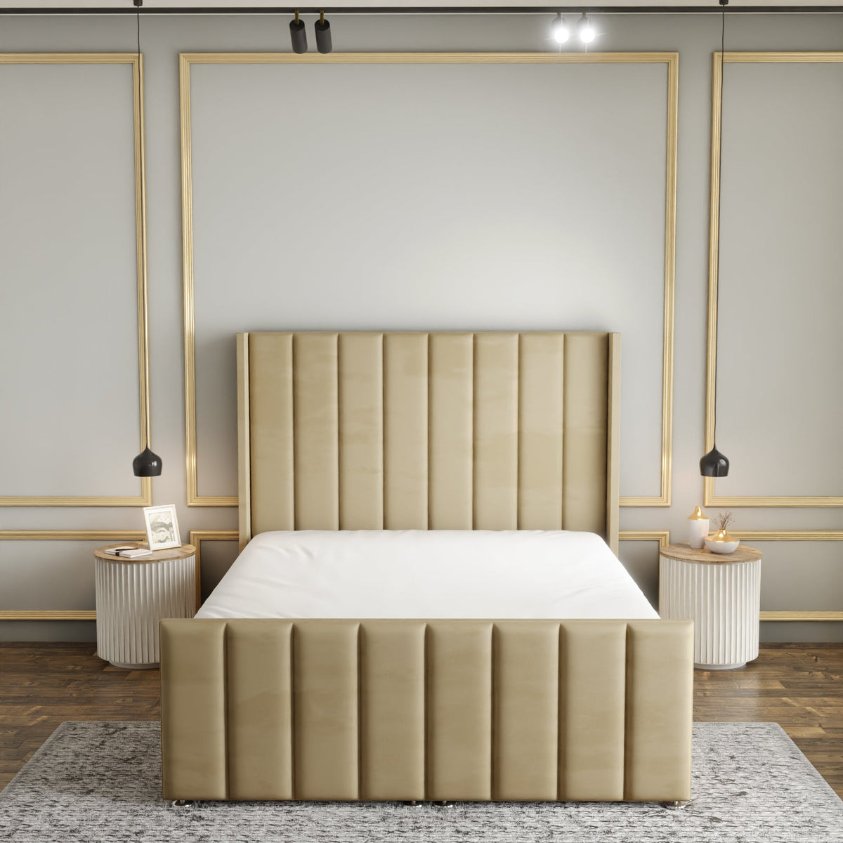 Amelia Lines Wingback Ottoman Storage Divan Bed Set With Footboard - Mink Plush