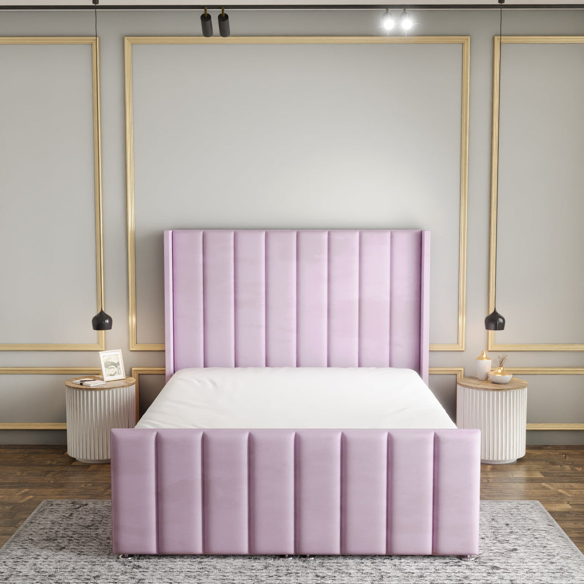 Amelia Lines Wingback Ottoman Storage Divan Bed Set With Footboard - Baby Pink Plush