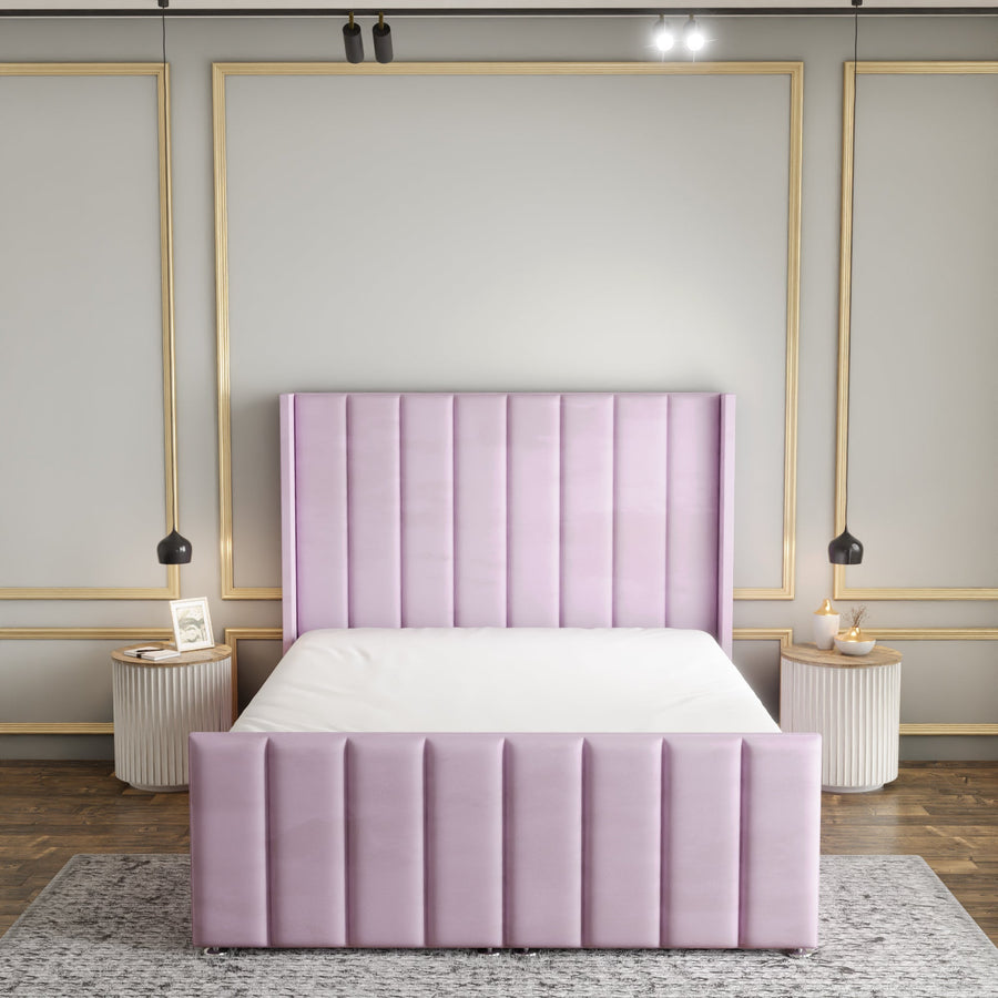 Amelia Lines Wingback Ottoman Storage Divan Bed Set With Footboard - Baby Pink Plush