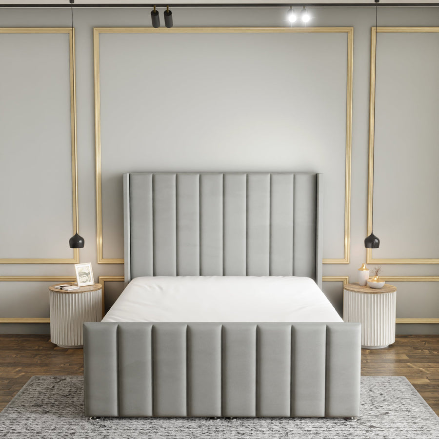 Amelia Lines Wingback Ottoman Storage Divan Bed Set With Footboard - Silver Plush