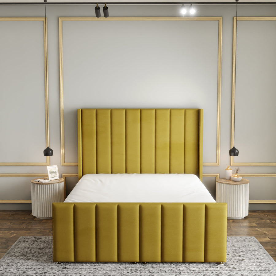 Amelia Lines Wingback Ottoman Storage Divan Bed Set With Footboard - Turmeric Plush