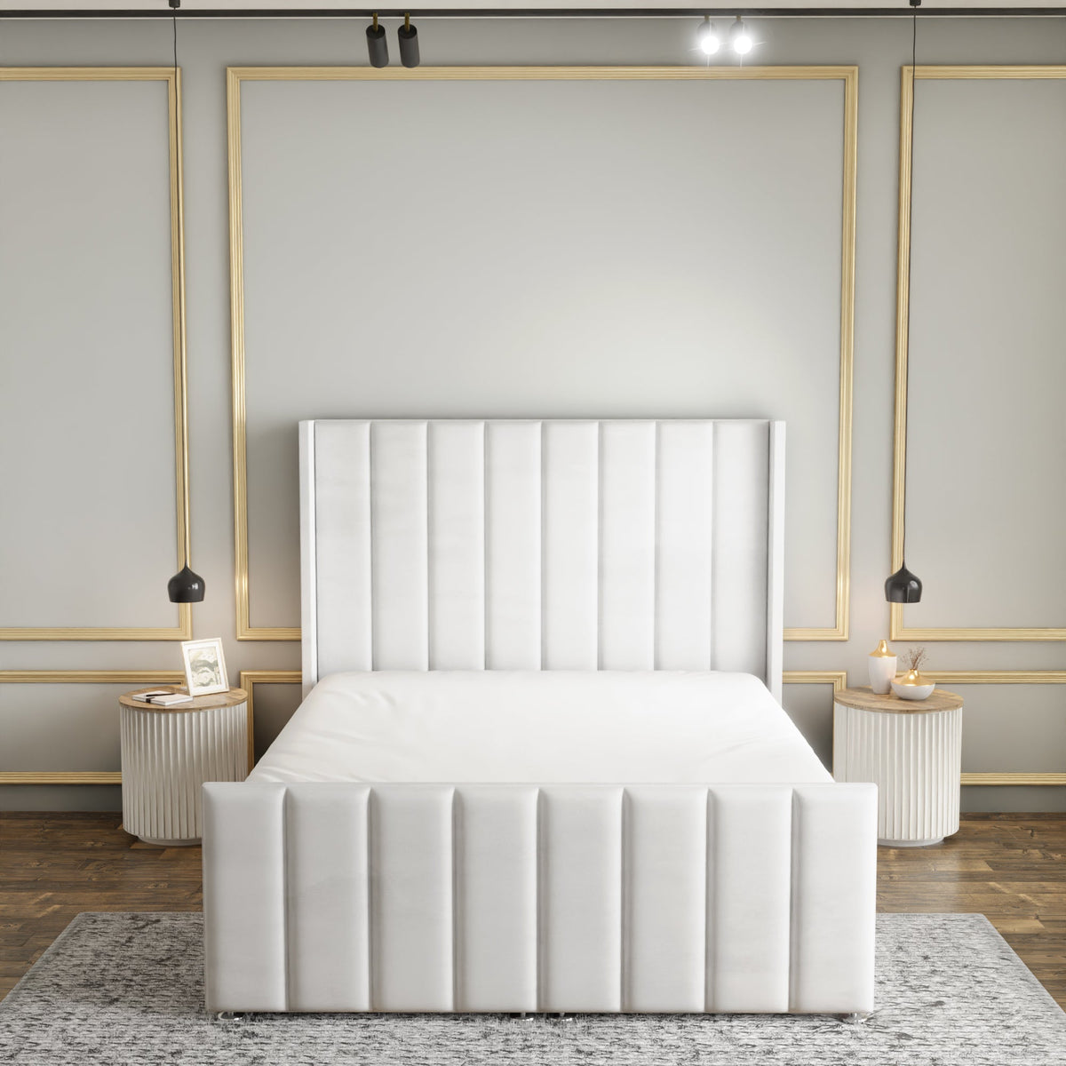 Amelia Lines Wingback Ottoman Storage Divan Bed Set With Footboard - White Plush