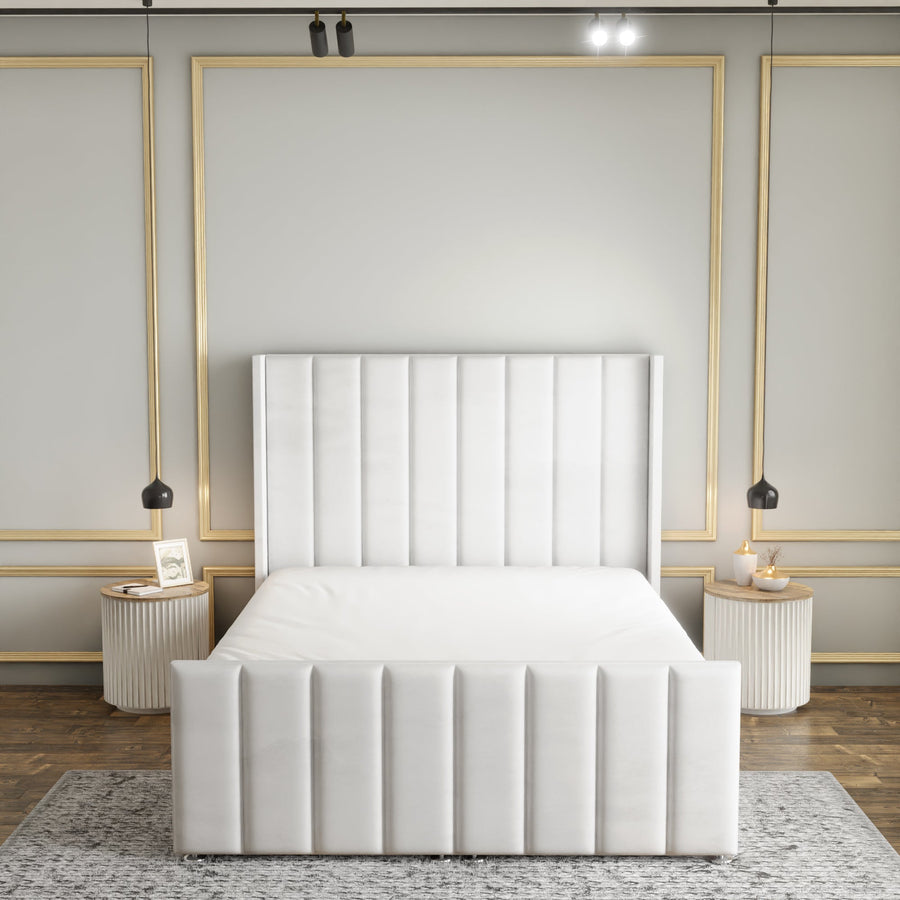 Amelia Lines Wingback Ottoman Storage Divan Bed Set With Footboard - White Plush