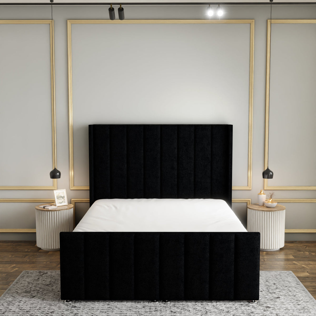 Amelia Lines Wingback Ottoman Storage Divan Bed Set With Footboard - Black Naples