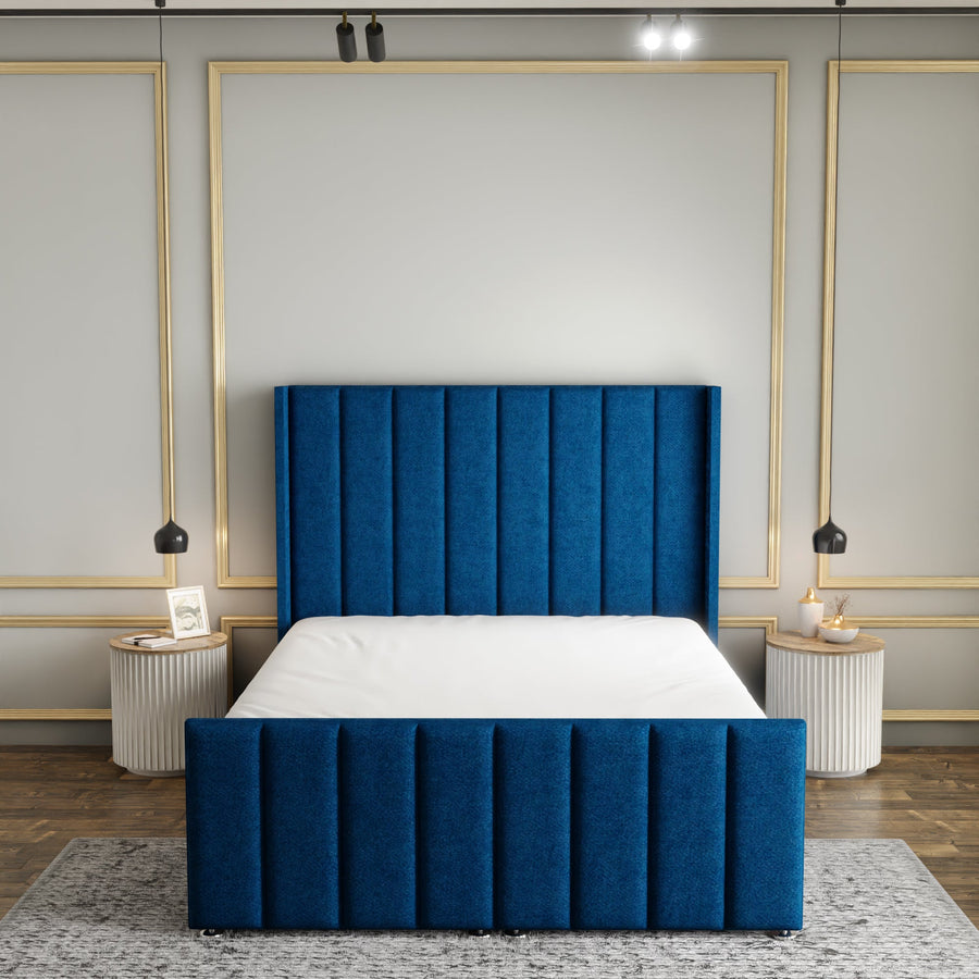 Amelia Lines Wingback Ottoman Storage Divan Bed Set With Footboard - Blue Naples