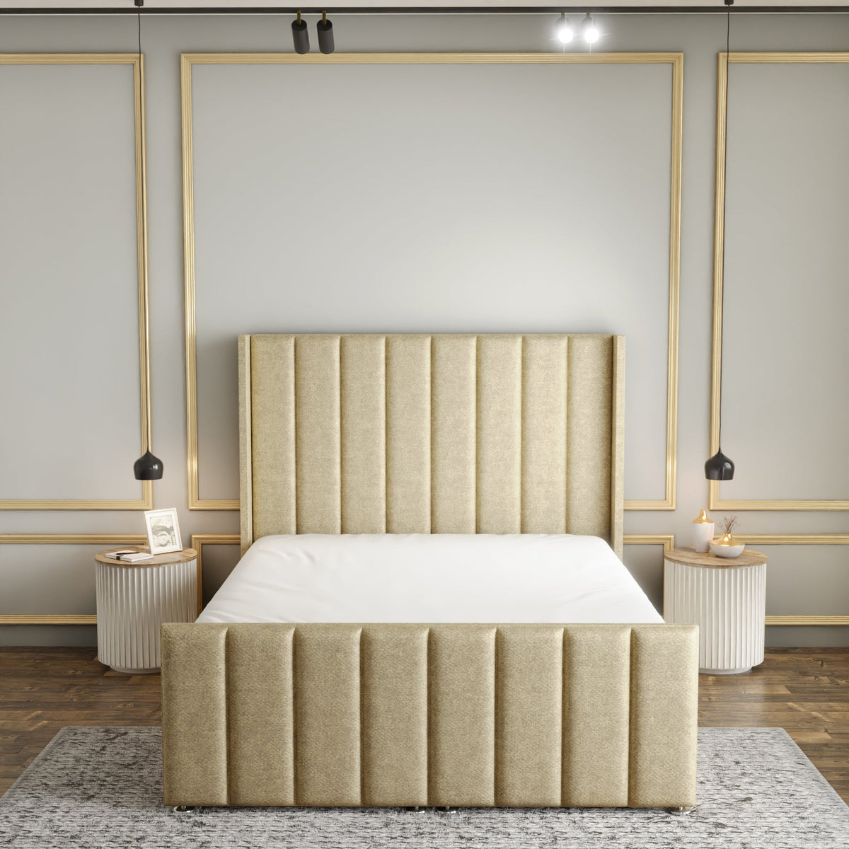 Amelia Lines Wingback Ottoman Storage Divan Bed Set With Footboard - Cream Naples
