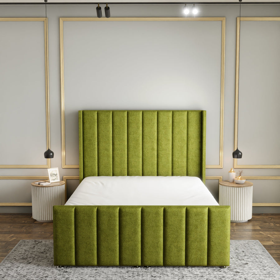 Amelia Lines Wingback Ottoman Storage Divan Bed Set With Footboard - Olive Green Naples