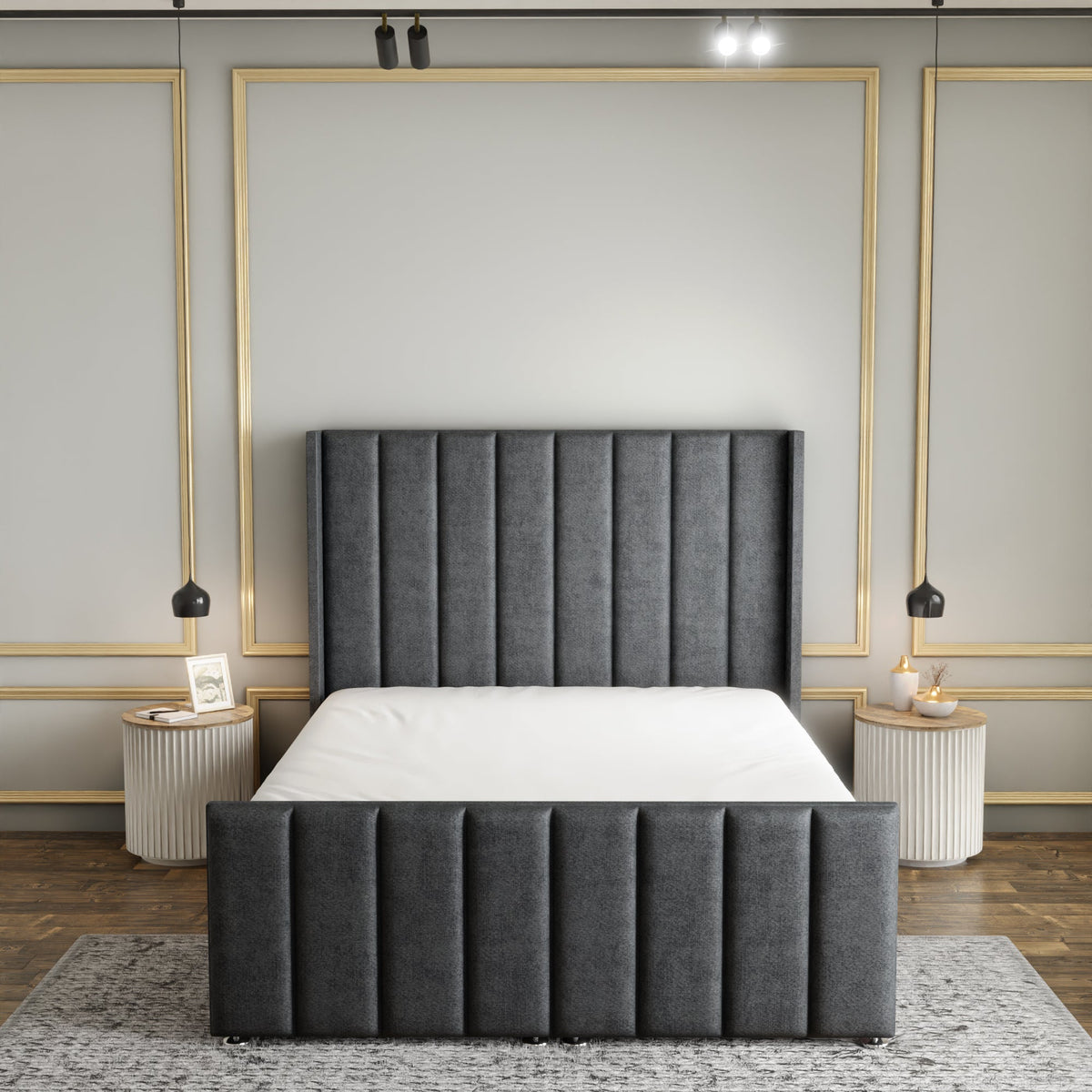 Amelia Lines Wingback Ottoman Storage Divan Bed Set With Footboard - Grey Naples