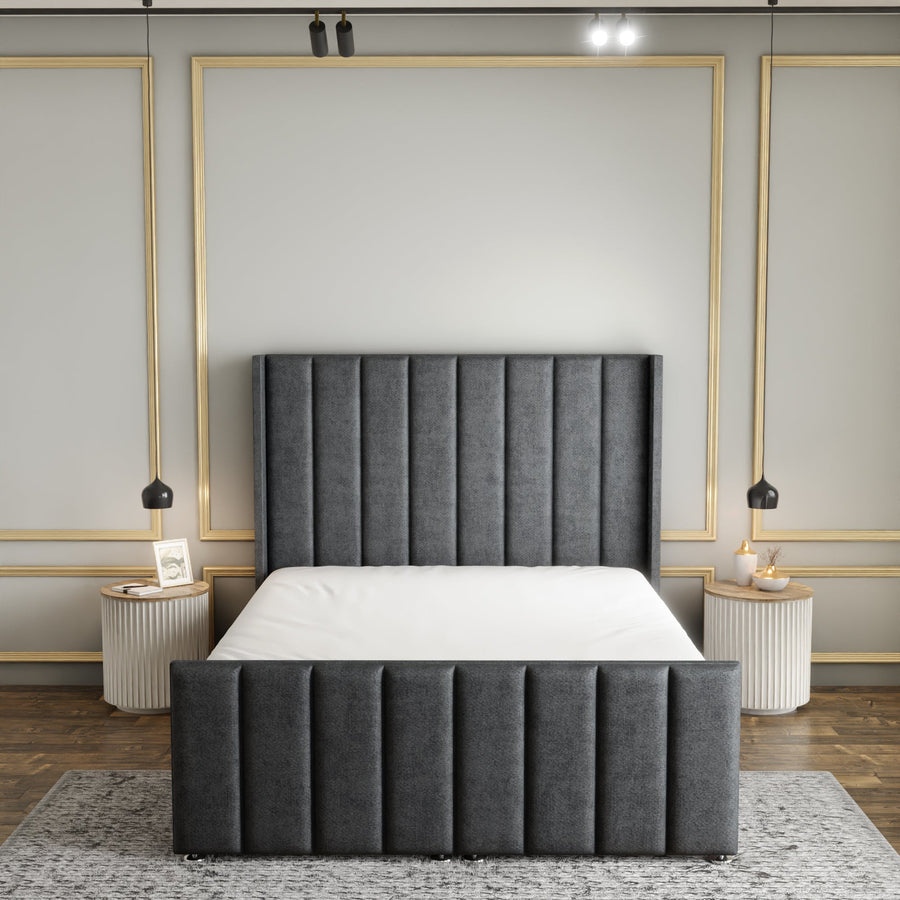 Amelia Lines Wingback Ottoman Storage Divan Bed Set With Footboard - Grey Naples