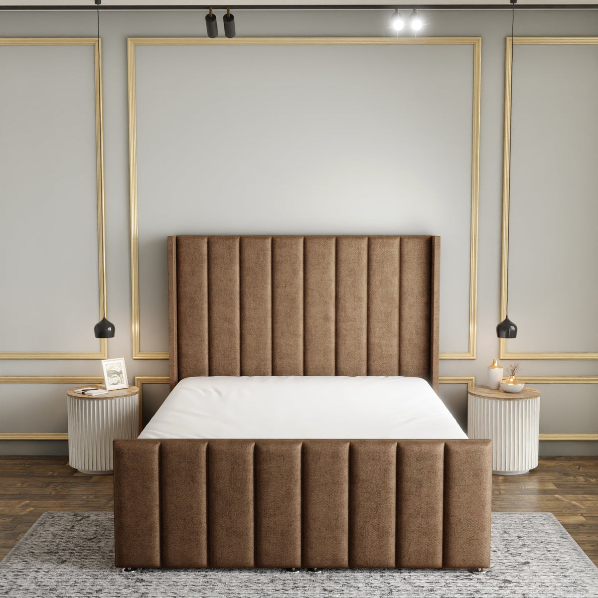 Amelia Lines Wingback Ottoman Storage Divan Bed Set With Footboard - Mink Beige Naples
