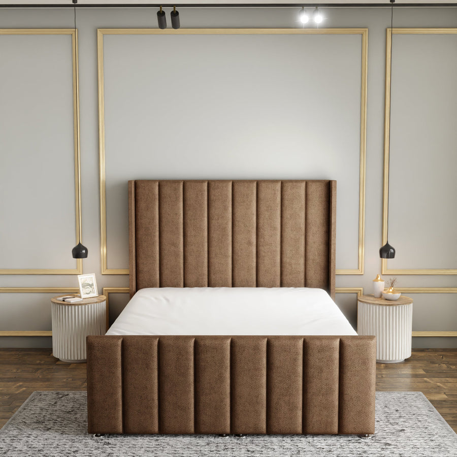 Amelia Lines Wingback Ottoman Storage Divan Bed Set With Footboard - Mink Beige Naples