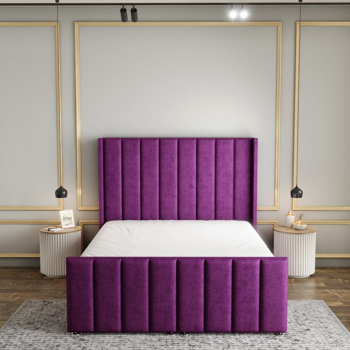 Amelia Lines Wingback Ottoman Storage Divan Bed Set With Footboard - Purple Naples