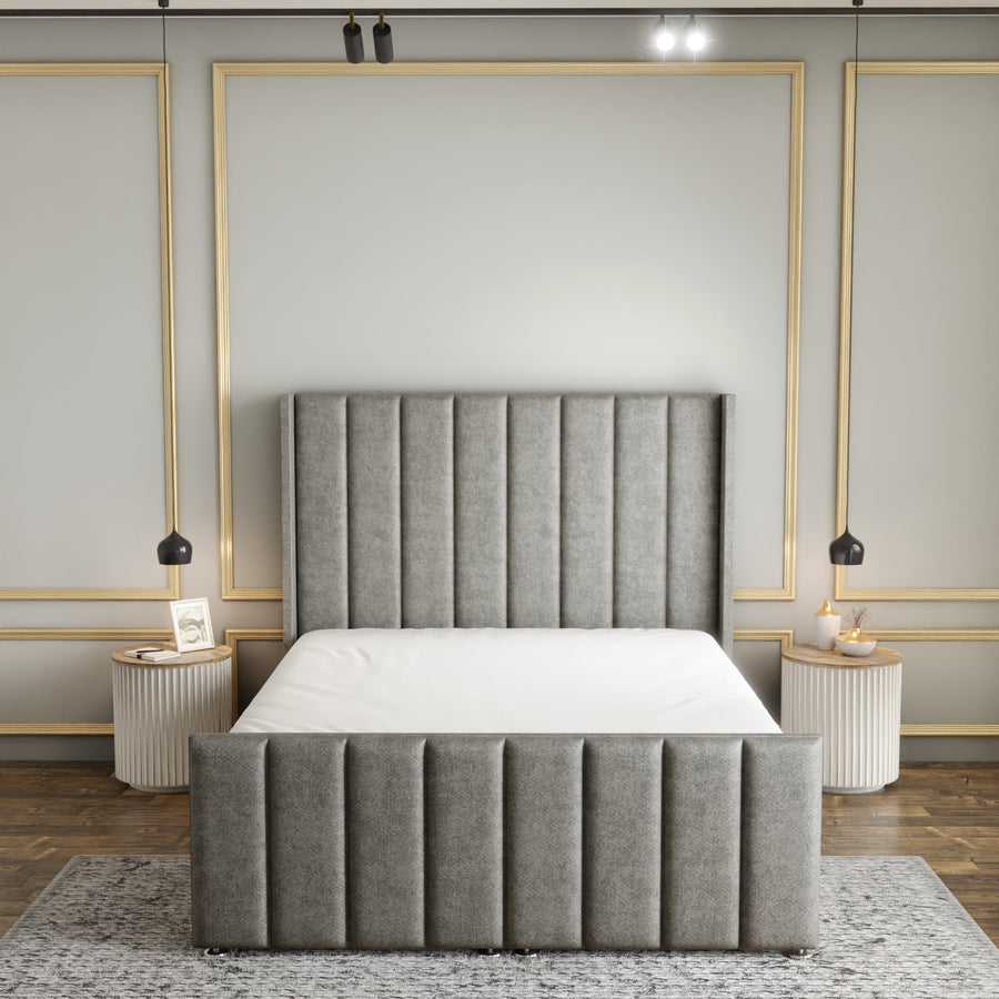 Amelia Lines Wingback Ottoman Storage Divan Bed Set With Footboard - Silver Naples