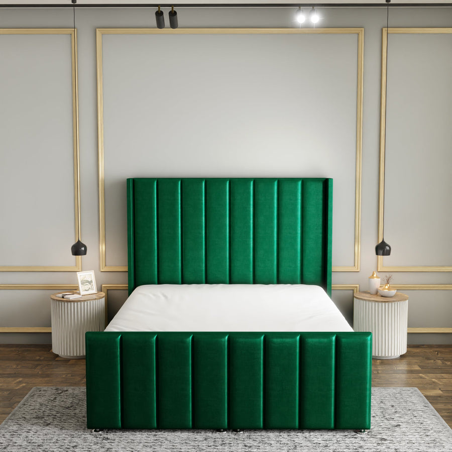 Amelia Lines Wingback Ottoman Storage Divan Bed Set With Footboard - Emerald Coniston