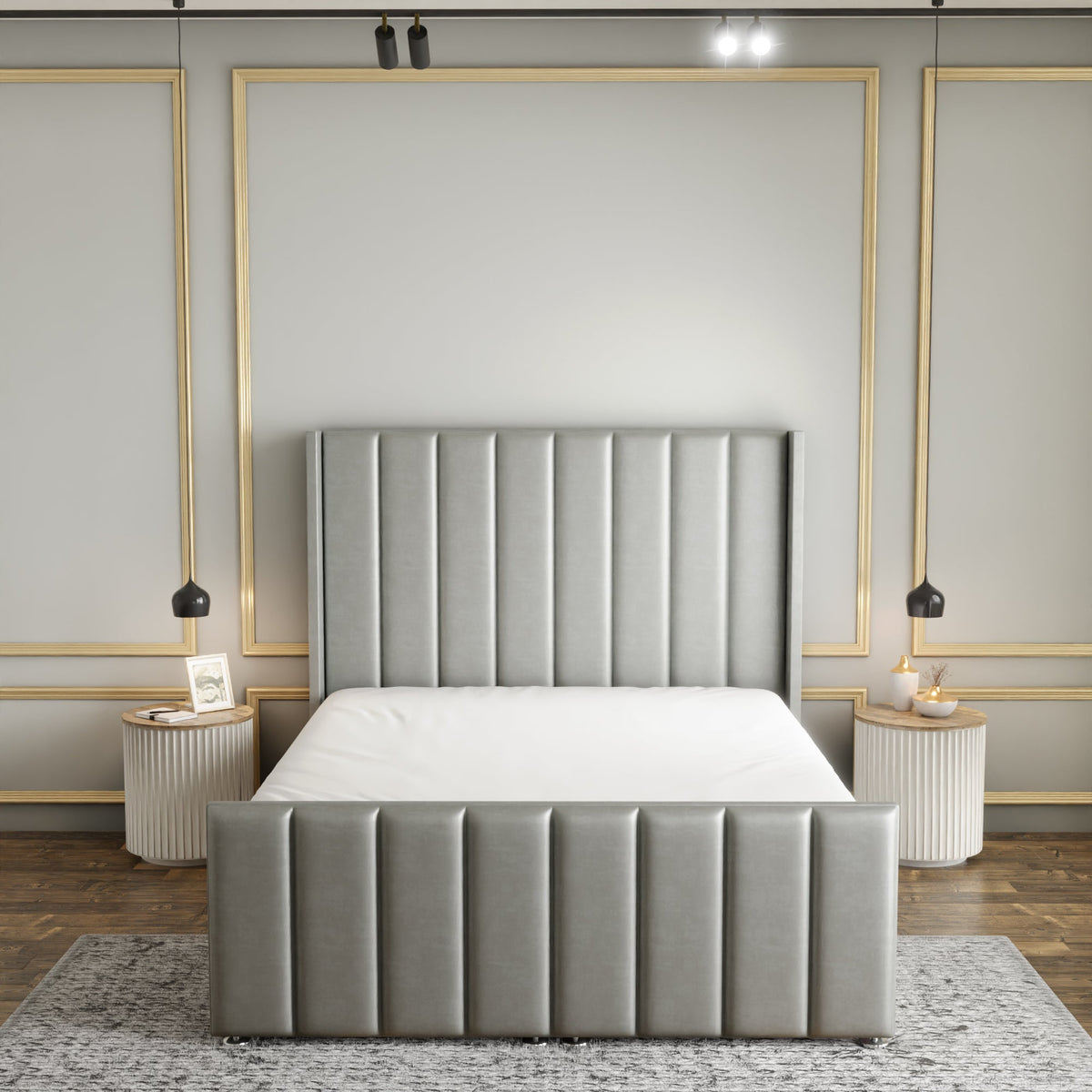 Amelia Lines Wingback Ottoman Storage Divan Bed Set With Footboard - Silver Coniston