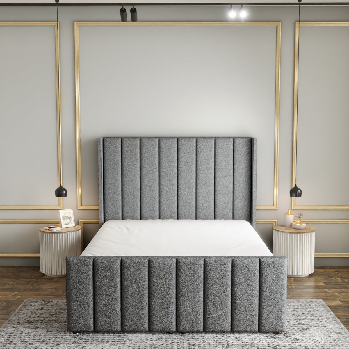 Amelia Lines Wingback Ottoman Storage Divan Bed Set With Footboard - Grey Teddy
