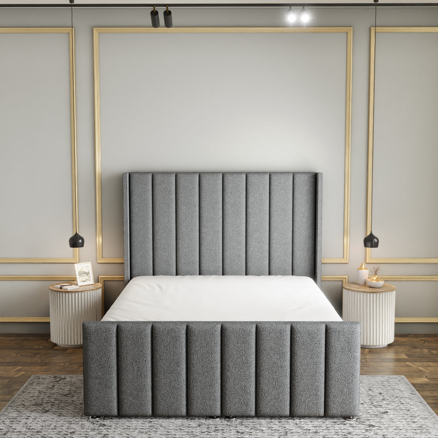 Amelia Lines Wingback Ottoman Storage Divan Bed Set With Footboard - Grey Teddy