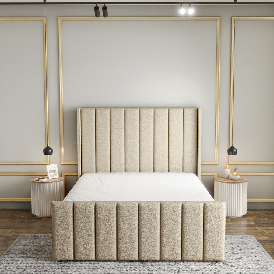 Amelia Lines Wingback Ottoman Storage Divan Bed Set With Footboard - Cream Teddy