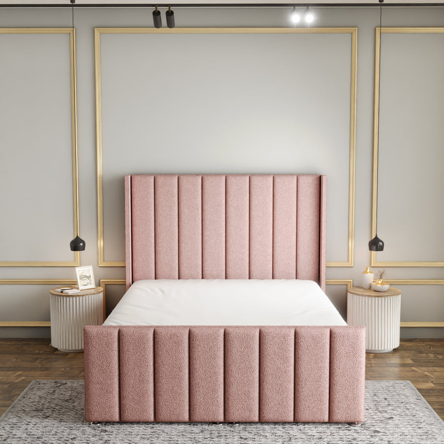 Amelia Lines Wingback Ottoman Storage Divan Bed Set With Footboard - Baby Pink Teddy