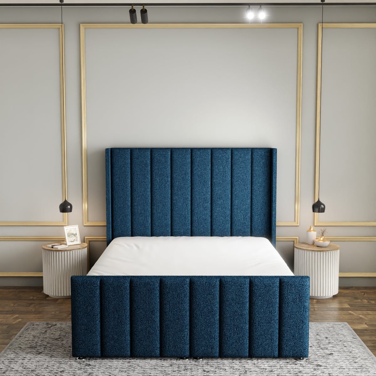 Amelia Lines Wingback Ottoman Storage Divan Bed Set With Footboard - Blue Teddy