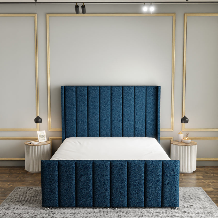 Amelia Lines Wingback Ottoman Storage Divan Bed Set With Footboard - Blue Teddy