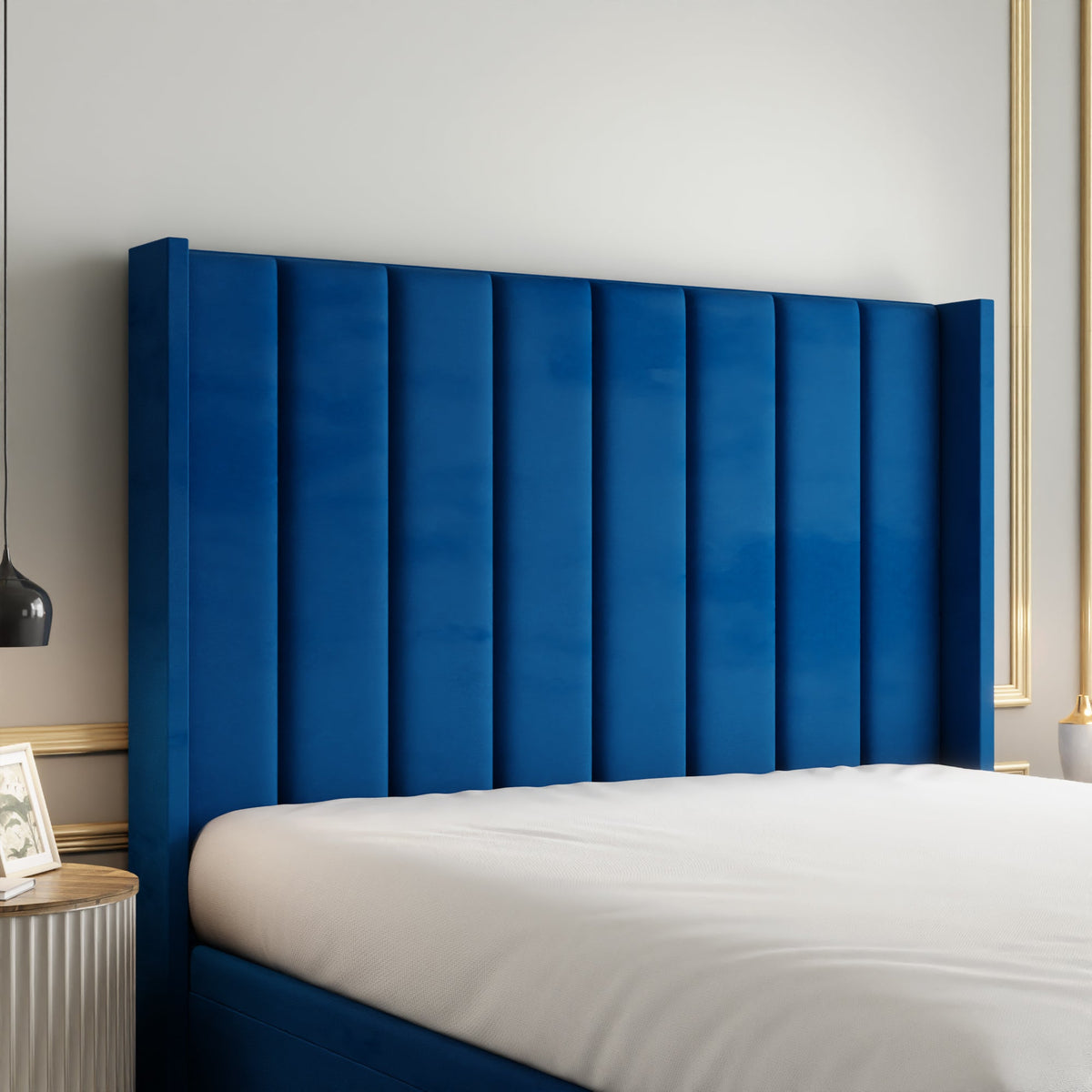 Amelia Lines Wingback Ottoman Storage Divan Bed Set With Footboard - Blue Plush