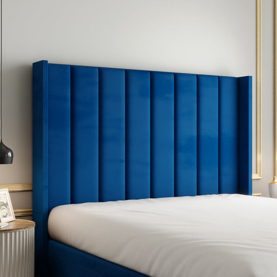Amelia Lines Wingback Ottoman Storage Divan Bed Set With Footboard - Blue Plush
